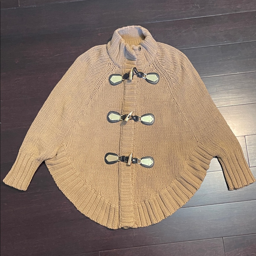 Tan Knit Cape with sleeves and Gold Toggle Closures